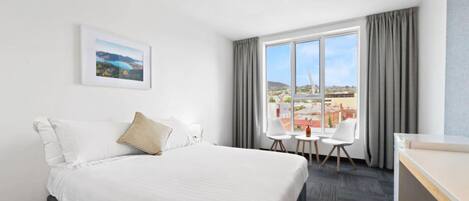 1 bedroom, desk, iron/ironing board, bed sheets