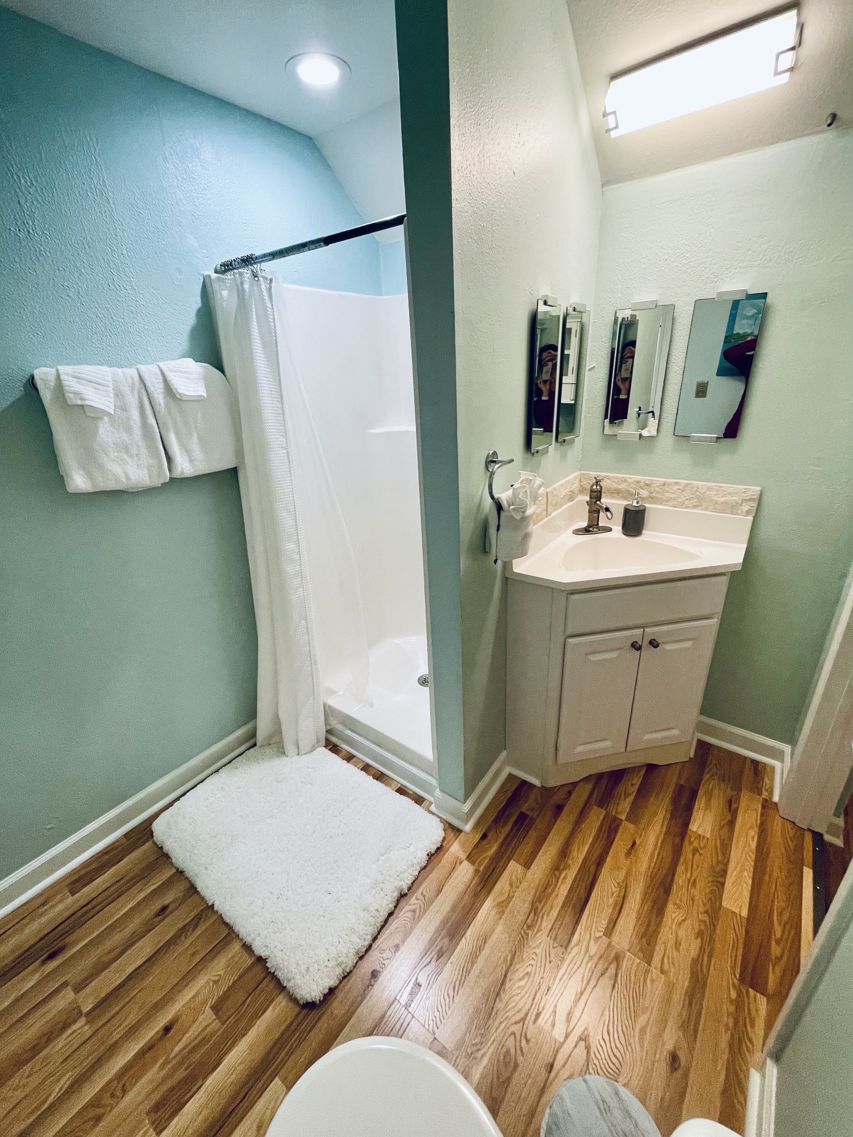 Shower, hair dryer, towels, soap