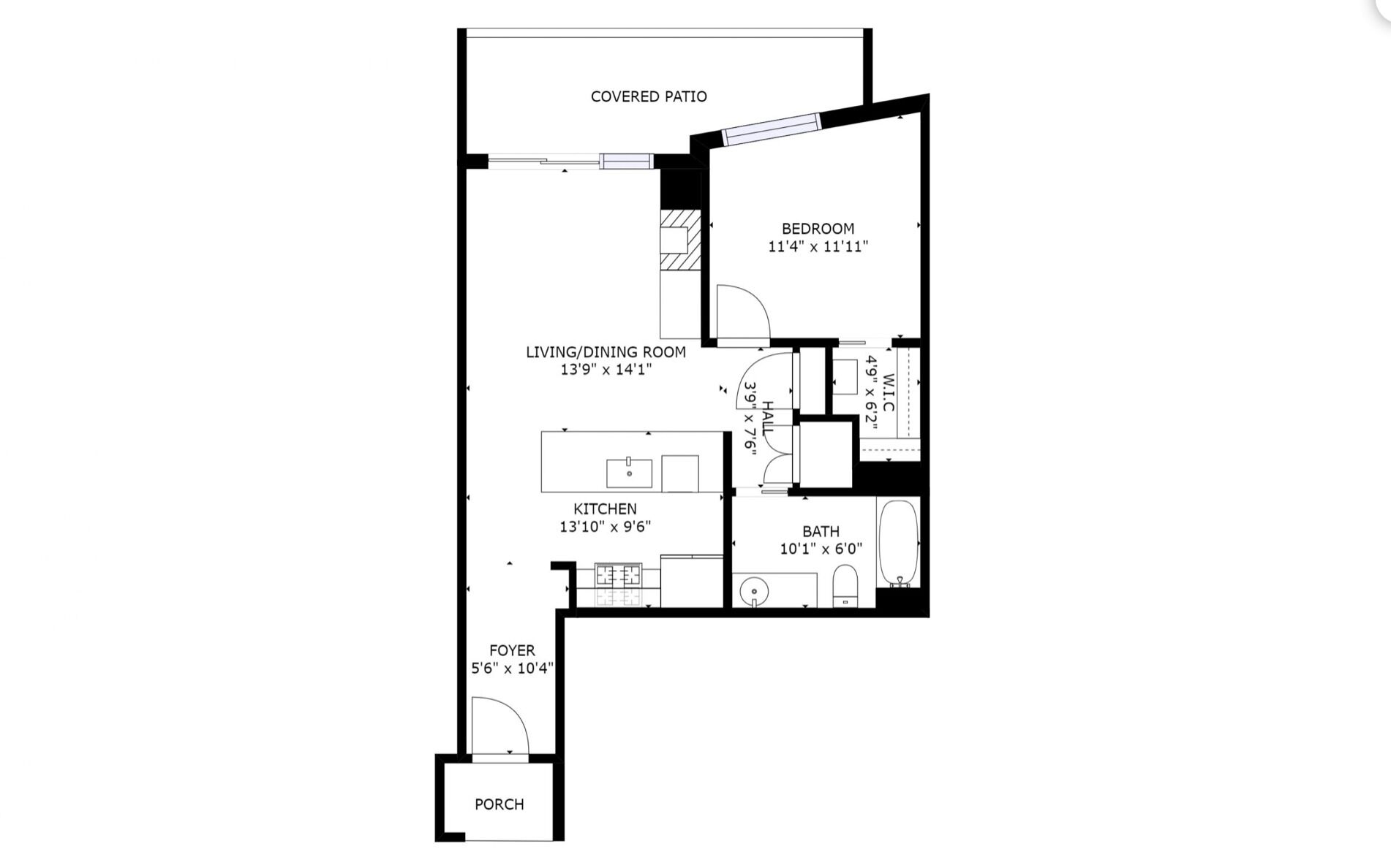 A floor plan with a covered patio, bedroom, living/dining room, kitchen, foyer, bath, and porch.