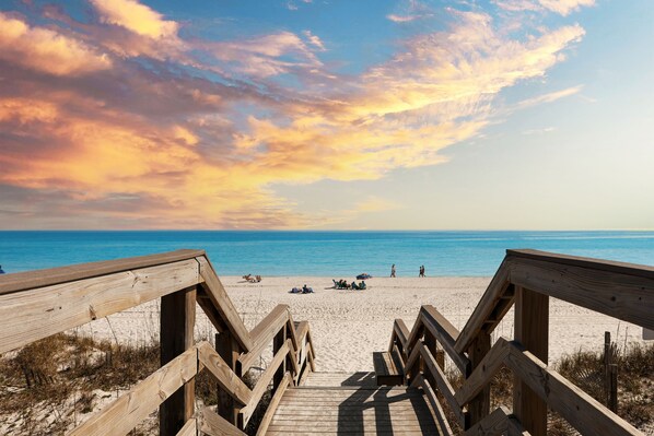 On the beach, sun loungers, beach towels