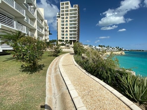 Stroll along the winding pathway to the beachfront, surrounded by lush greenery and overlooking the ocean.