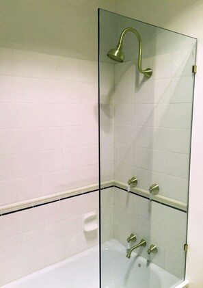 Combined shower/bathtub, hair dryer, towels, soap