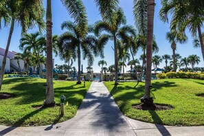 A pathway lined with palm trees leading to a building with a red roof.