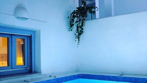 Una piscina con borde de azulejos, una ventana con cortinas y una planta colgante.