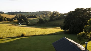 A rural landscape with a house and a solar panel.