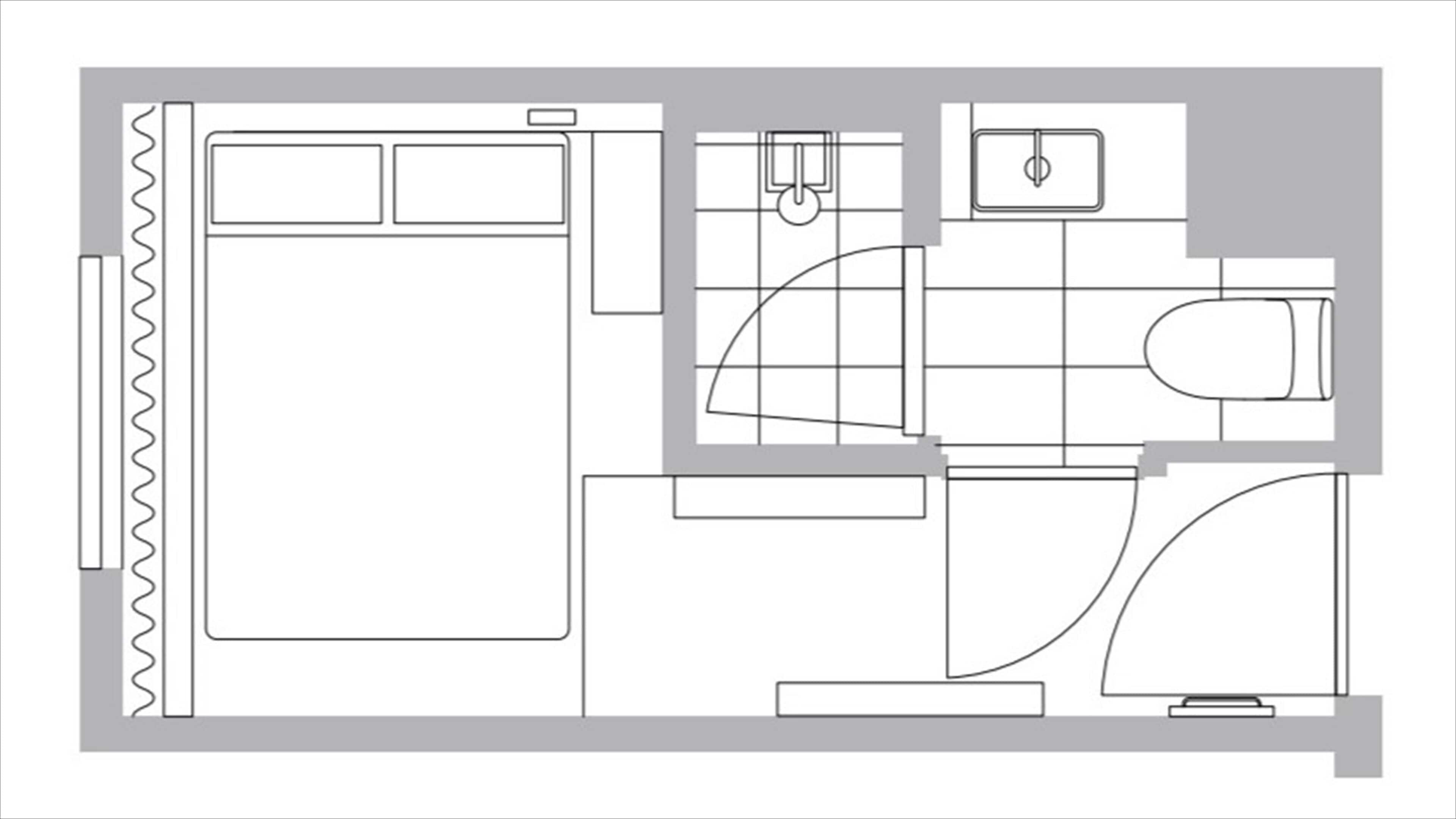 Planta baixa de um quarto de hotel, com uma cama, banheiro e uma cozinha compacta.
