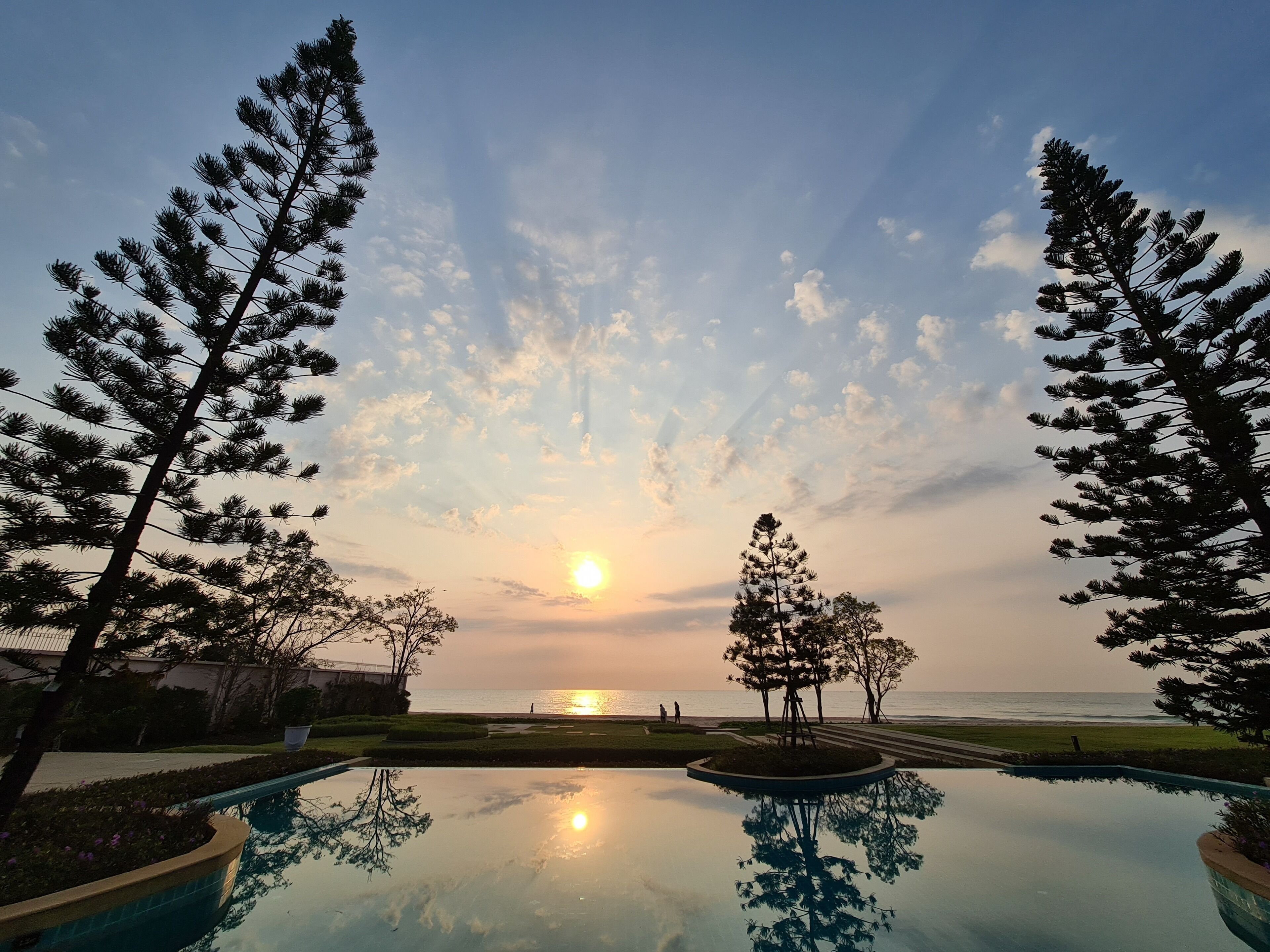 A pool reflecting trees and a sunset over the ocean.