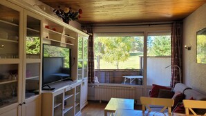 A cozy living room with a TV, wooden cabinets, a dining table, and a view of the outdoors.