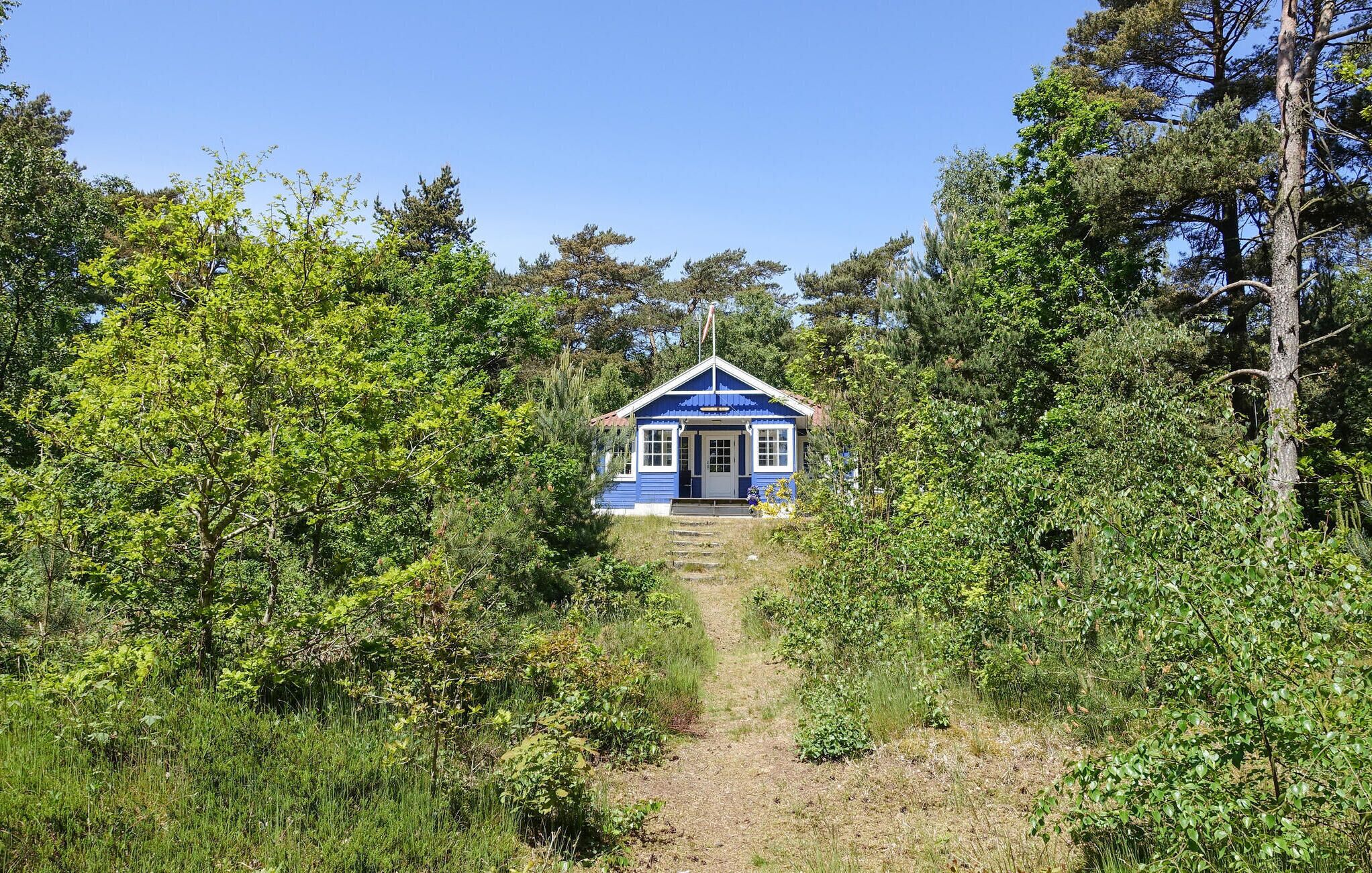 Un petit bâtiment d’un seul étage, à la façade bleue et blanche, entouré d’une végétation luxuriante et d’arbres.