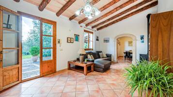 Een televisie, een open haard en een dvd-speler