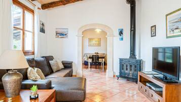 Een televisie, een open haard en een dvd-speler