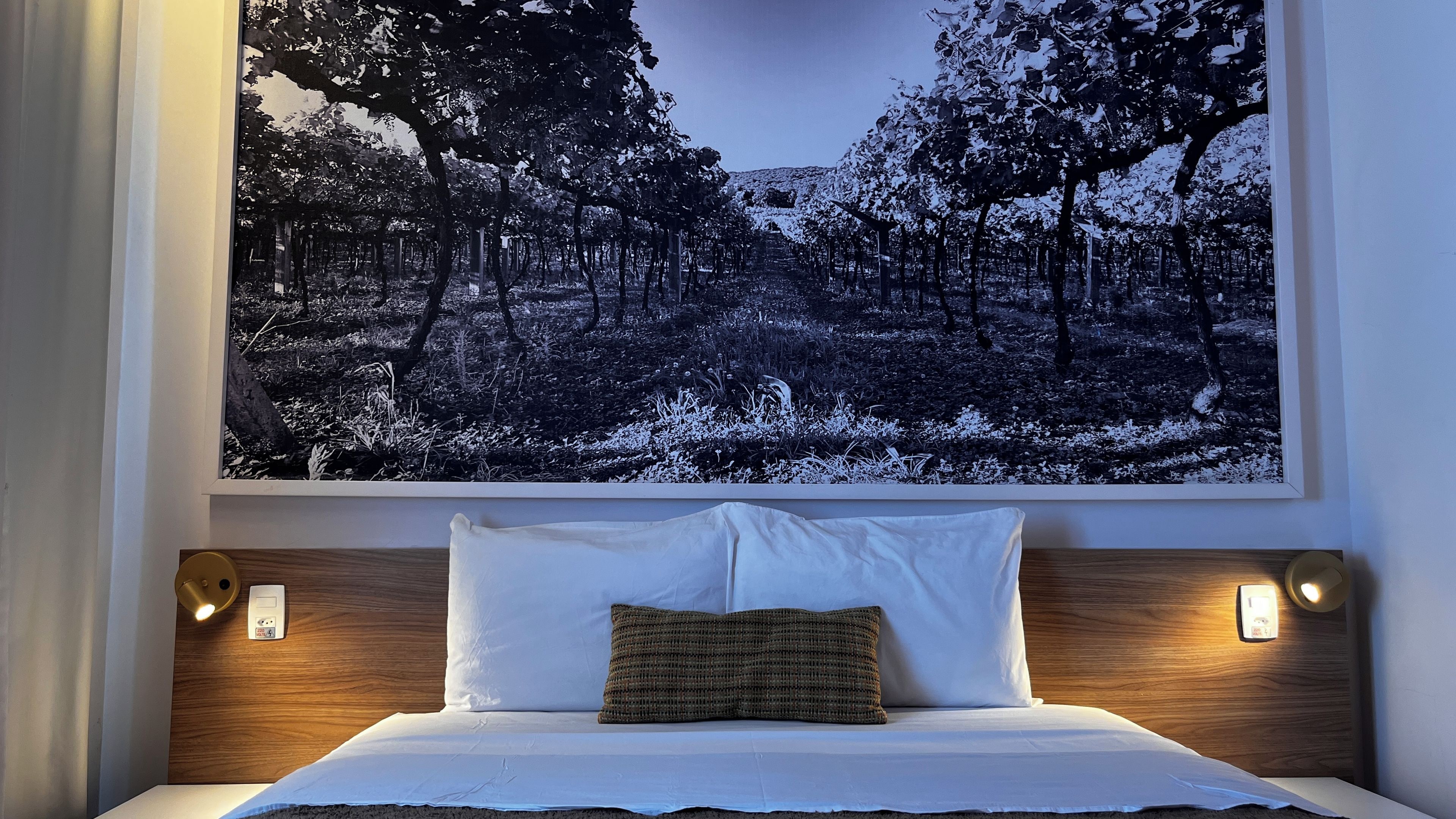 A hotel room with a large framed picture of a forest, a bed with white linens, a single brown pillow, and two wall-mounted light fixtures.
