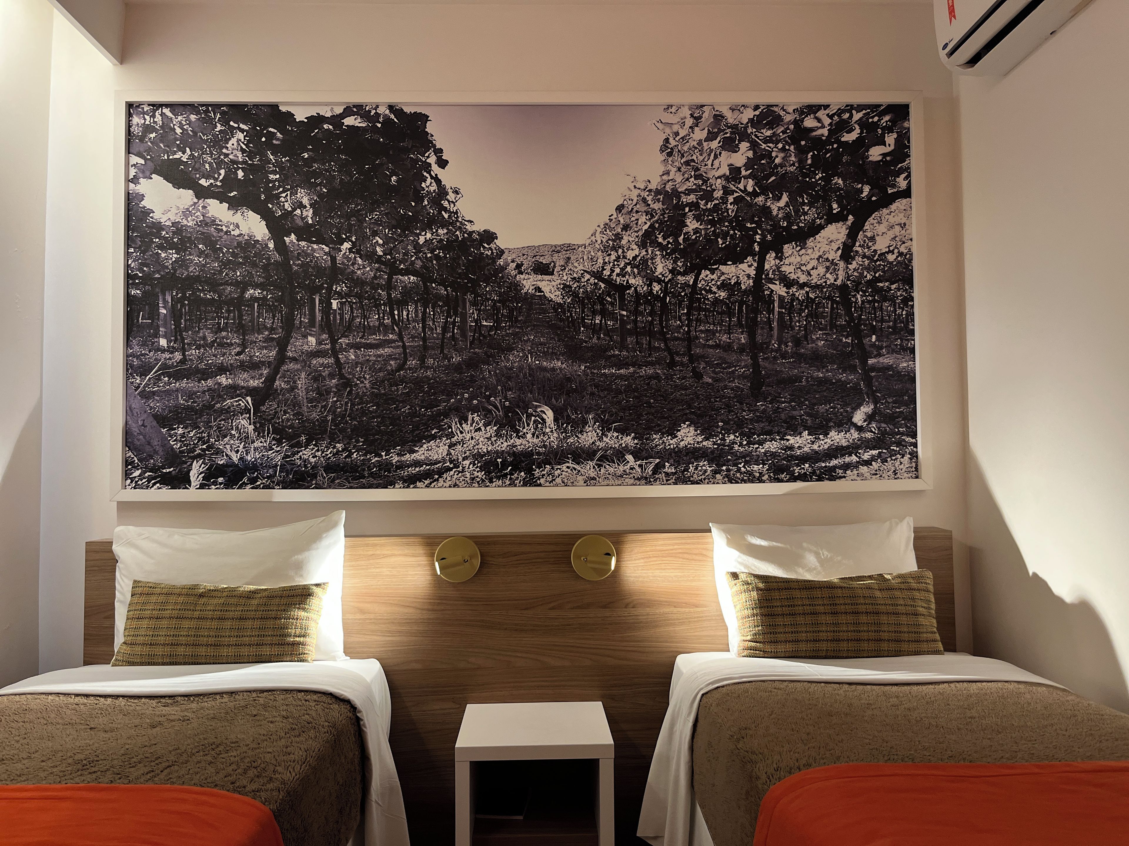Habitación de hotel con dos camas, una mesita de noche pequeña, aire acondicionado montado en la pared y un cuadro grande con motivos forestales sobre las camas.