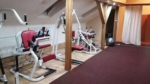 Ein Fitnessraum mit Trainingsgeräten, einem roten Teppich und einem großen Trainingsball.