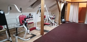 A gym with exercise equipment, a red carpet, and a large exercise ball.
