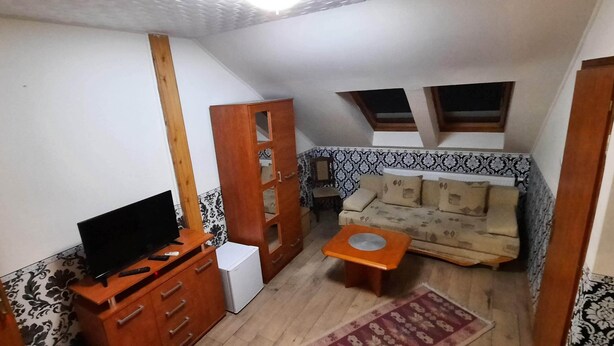 Ein kompakter Wohnbereich mit Fernseher auf einem Holzschrank, einem kleinen weißen Kühlschrank, einem gemusterten Sofa und einem roten Teppich.