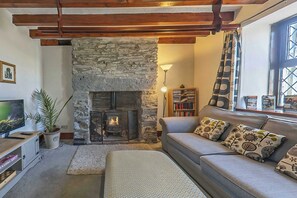 A cozy living room with a stone fireplace, a sofa with patterned cushions, a bookshelf, and a television.