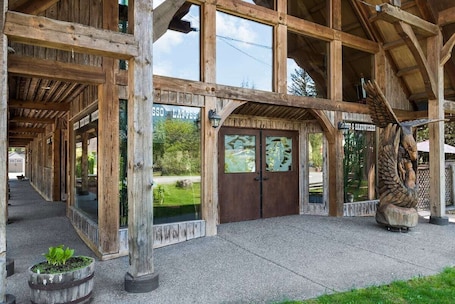 Exterior detail. Stunning cabin, rustic decorations, great view of Mts., expansive patio