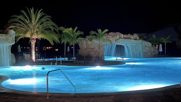 A nighttime swimming pool with a waterfall feature, palm trees, and a stone wall.