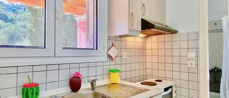 Réfrigérateur, four, plaque de cuisson, cafetière/bouilloire