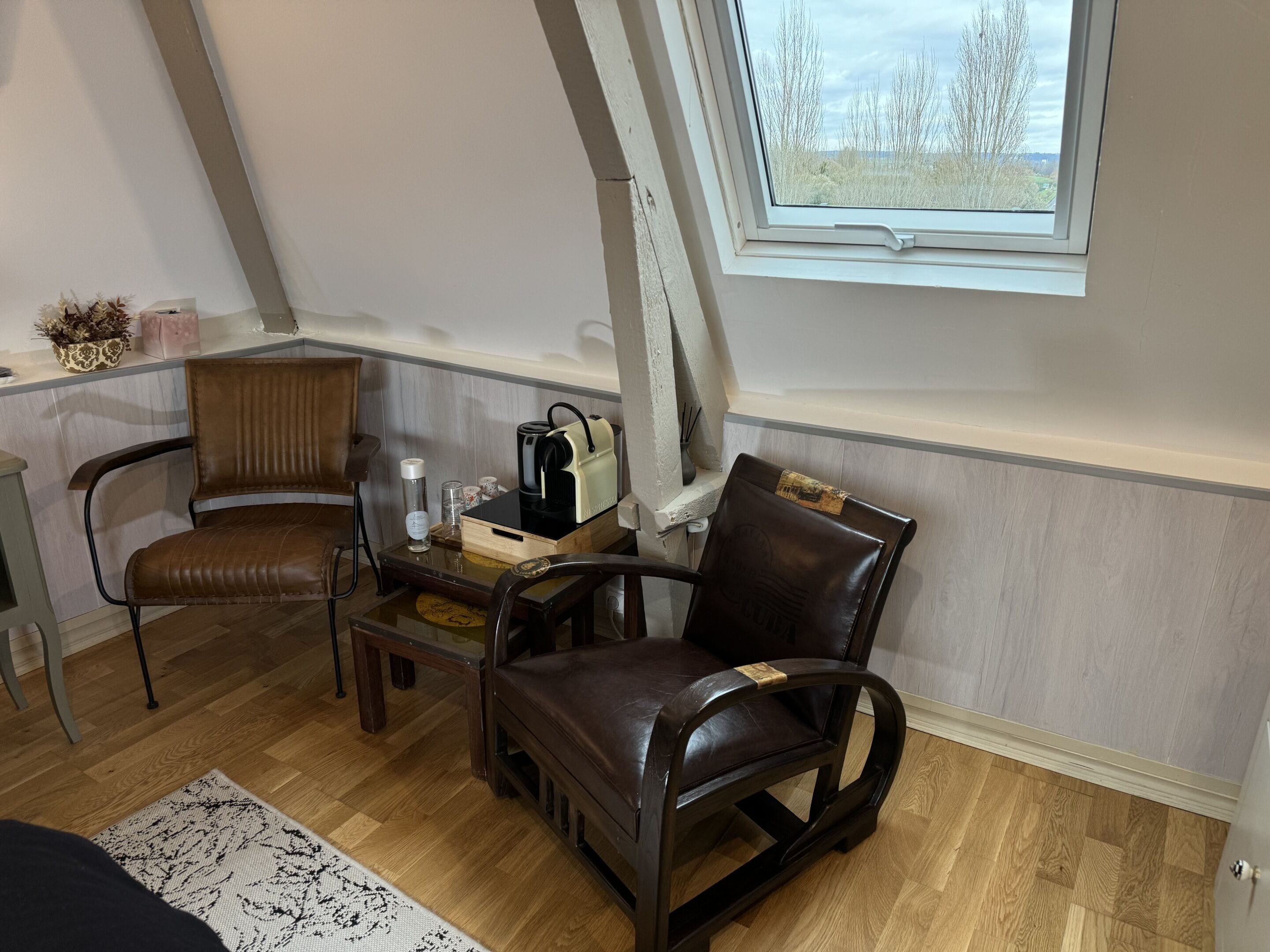 Un acogedor espacio tipo loft con suelo de madera, dos sillones de cuero, una pequeña mesa de madera y un ventanal con vistas a árboles y un cielo nublado.