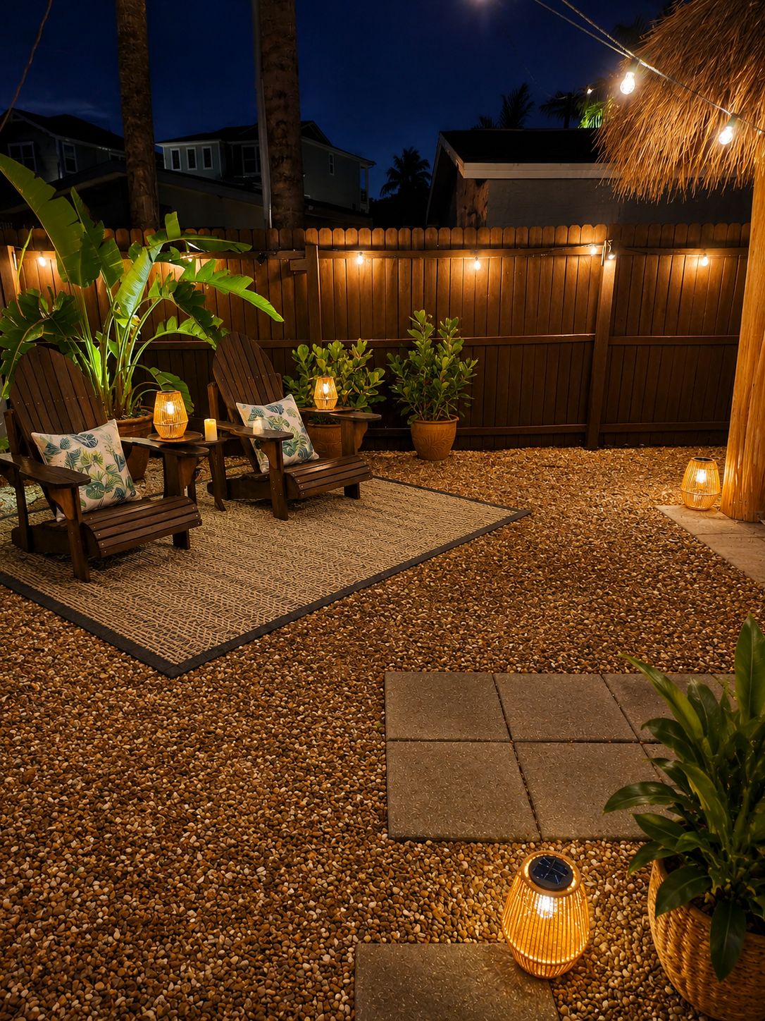Un espace extérieur aménagé avec des chaises et des tables en bois, entouré de plantes en pot et illuminé par des jeux de lumière décoratifs.