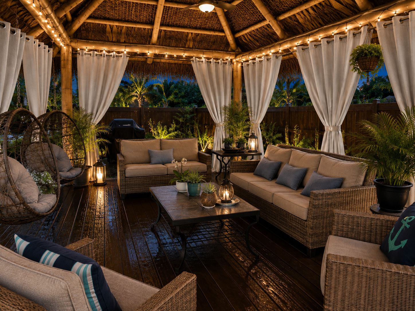 Een terras buiten met rieten meubels, een houten dek en lichtjes.