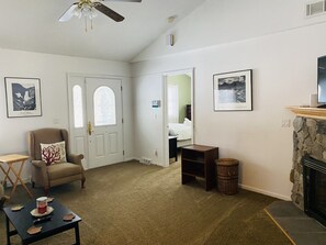 Smart TV, fireplace, DVD player, books