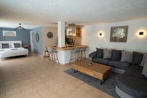 TV connectée, cheminée, chaîne hi-fi