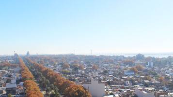 A cityscape with a long row of trees in autumn colors, a bridge in the distance, and a clear sky.