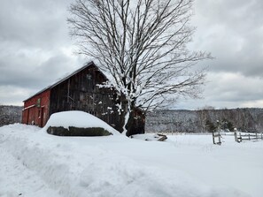 Une grange rustique, avec de la neige accumulée à sa base, et un grand arbre au premier plan.
