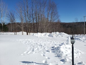 Winter wonderland setting with a snowman in the foreground, surrounded by leafless trees and a clear blue sky.