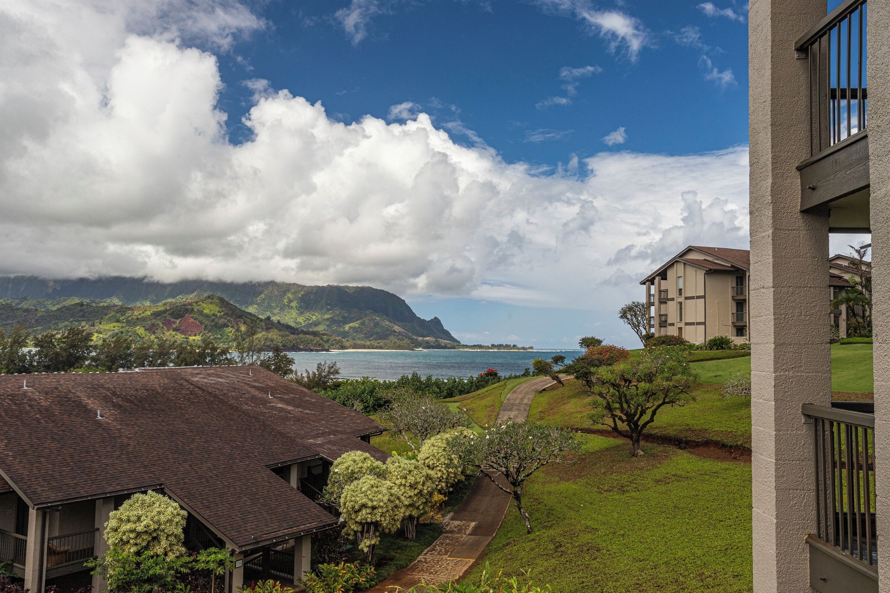 A coastal residential area with a view of the ocean and mountains.