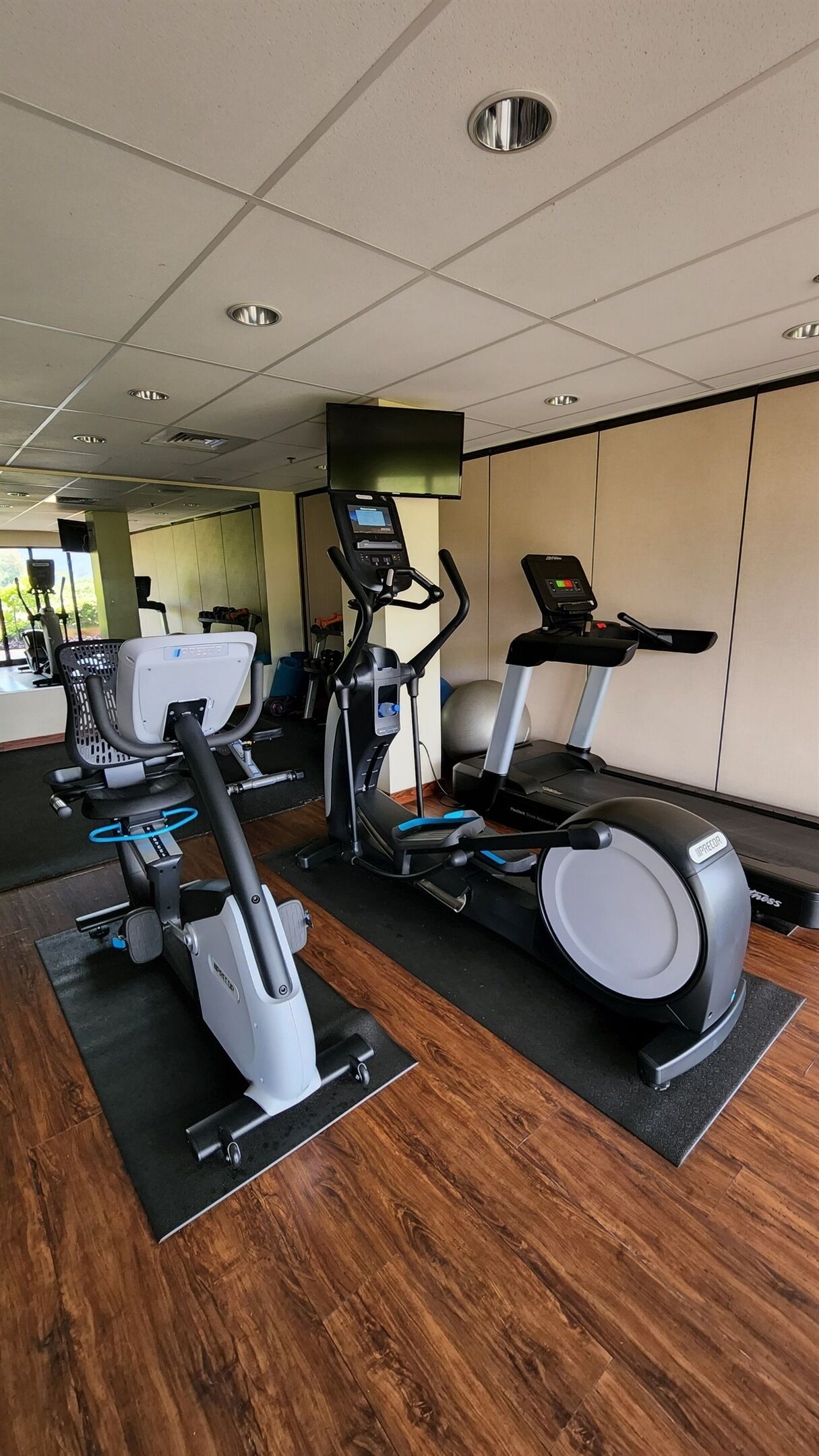 Ein Fitnessraum mit Fahrrädern, Laufbändern und Trainingsbällen.