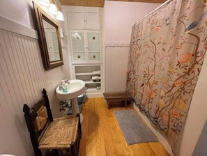 Ducha y bañera combinadas, secador de pelo, toallas y jabón