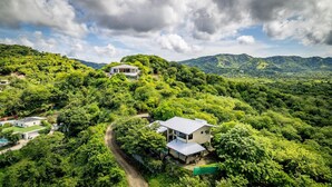 A hillside property with two modern houses surrounded by lush greenery and mountains in the background. - Nostalgic Retro Home on Luxurious Lot with a Private Infinity Pool and Ocean Views (Tempate)
