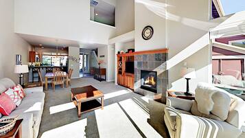 Smart TV, fireplace, DVD player, books