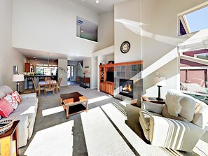 Smart TV, fireplace, DVD player, books