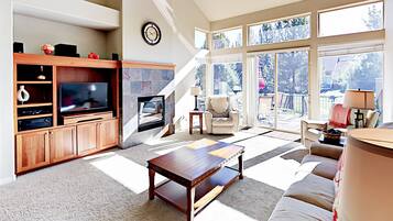Smart TV, fireplace, DVD player, books
