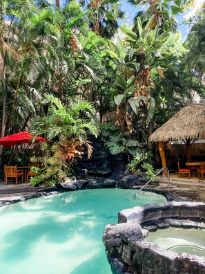 Una piscina al aire libre, una piscina climatizada
