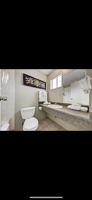 Combined shower/bathtub, hair dryer, towels, soap