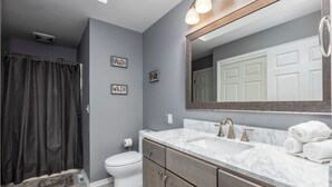 Un baño con ducha, inodoro y tocador con espejo.