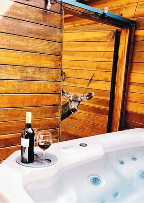 Interior de una cabaña de madera con un jacuzzi, una botella de vino y una copa.