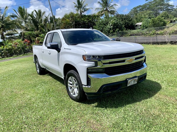 A white Chevrolet Silverado parked on a grassy area with a clear sky and palm trees in the background.