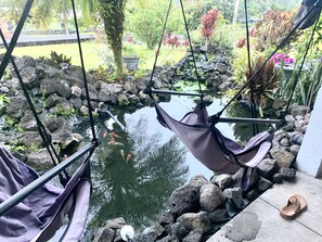 A hammock suspended over a pond with rocks and plants around.