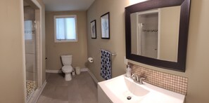 Dusche, Haartrockner, Handtücher, Toilettenpapier