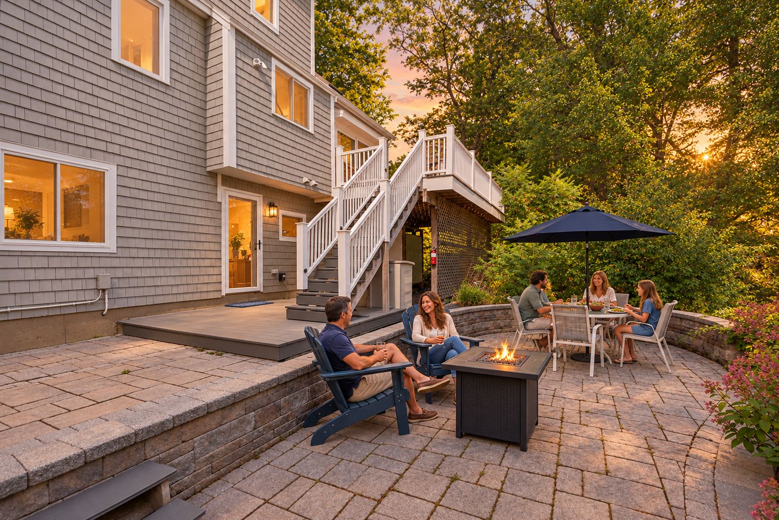 A patio area with outdoor seating, a fire pit, and a staircase leading to a deck.