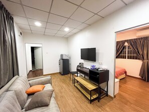 Un ambiente compatto con un divano, una scrivania con un computer, una televisione e un letto.