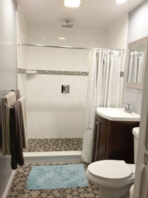 Shower, eco-friendly toiletries, hair dryer, towels