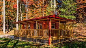 A wooden cabin with a red roof, surrounded by trees with autumn foliage. - Cuddling On The Creek Couples only romantic " TINY CABIN" retreat!!!! (Cosby)